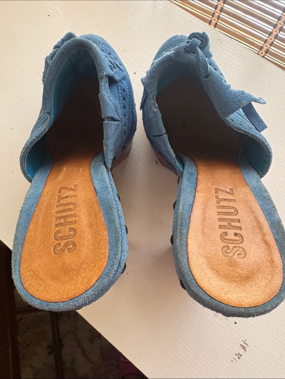SCHUTZ Blue Suede Tassel Fringe Mules - Picture 5 of 7